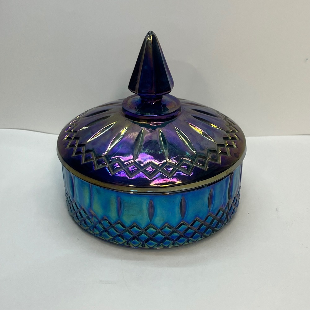 Vintage Blue Carnival Glass Candy Dish Iridescent Lidded Trinket Box Round 5.5"